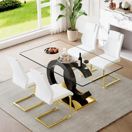 Miniatura 55 de gopop Mesa de comedor de cristal de 63 pulgadas, mesa de cocina moderna, mesa de comedor de vidrio transparente con patas de diseño único negro