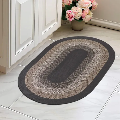 Super Area Rugs - Alfombra trenzada rústica en tonos taupe y gris oscuro, ovalada para puerta/entrada principal, alfombra tejida para exteriores, 2
