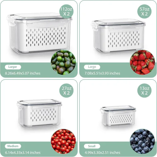 Miniatura 3 de Contenedores de almacenamiento de frutas para refrigerador con colador extraíble, paquete de 8 recipientes de frutas para refrigerador con placa