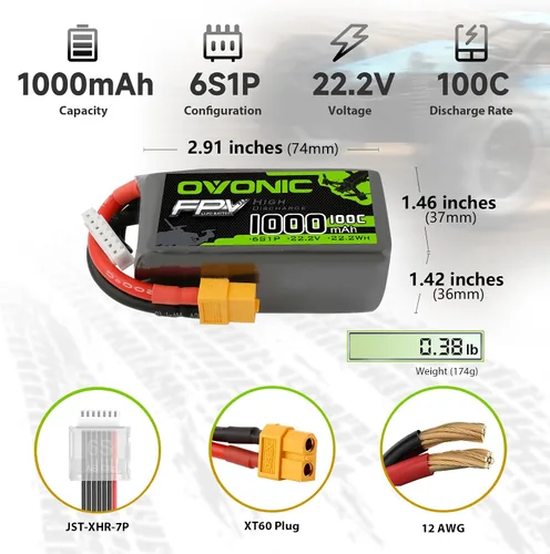 Miniatura 2 de OVONIC Batería LiPo de 1000mAh 6S 100C con enchufe XT60 para FPV Racing RC Quadcopter Helicóptero Avión Multimotor Hobby DIY-2Packs