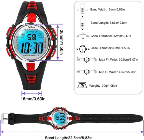 Miniatura 5 de Edillas Relojes digitales para niñas y niños, reloj de pulsera de 7 colores para niños, impermeable, deportivo, al aire libre, multifuncional