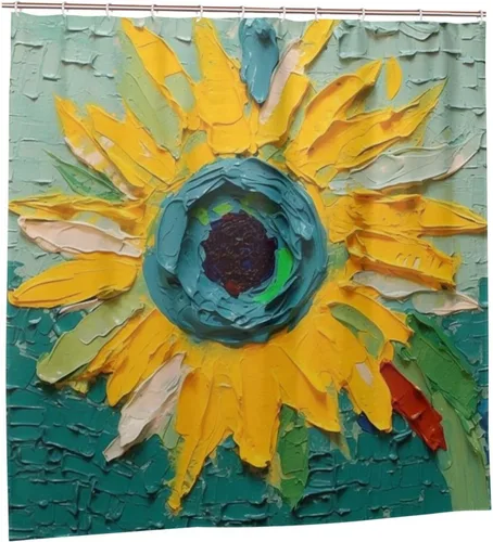 Miniatura 7 de YLATY2405 - Cortina de ducha de girasol para baño, pintura al óleo, hojas verdes, flores, bohemio, tela amarilla abstracta, moderna, impermeable