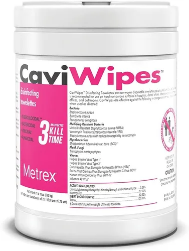 Metrex CaviWipes - 6 x 6 3/4 pulgadas grande (160) toallitas de limpieza de superficies, sin fragancia, color blanco