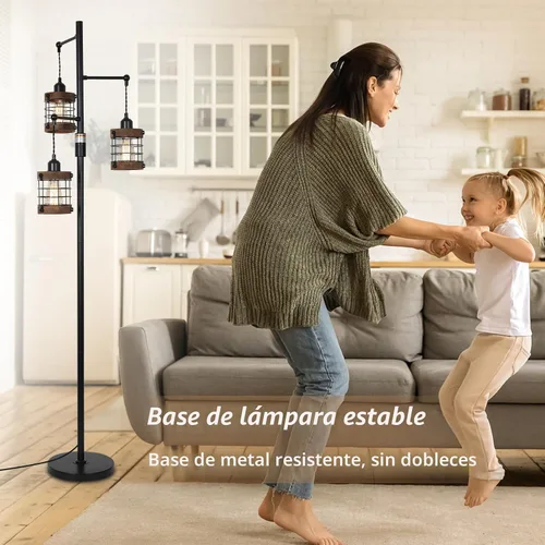 Miniatura 5 de Lámparas de pie regulables para sala de estar, lámpara de pie industrial de 3 luces con jaula de madera y metal, lámpara de pie de granja lámpara