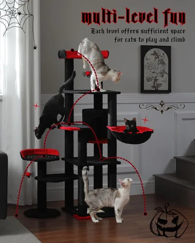 Miniatura 2 de MUTTROS Árbol gótico para gatos de 59 pulgadas con cama de ataúd, torre negra para gatos de interior con amplio condominio para gatos y hamaca
