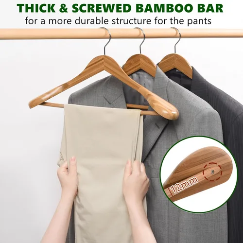 Miniatura 4 de Amber Home Paquete de 6 Perchas de Traje de Madera de Bambú Natural de Hombros Anchos, Perchas de Ropa de Bambú con Barra para Pantalones, Perchas