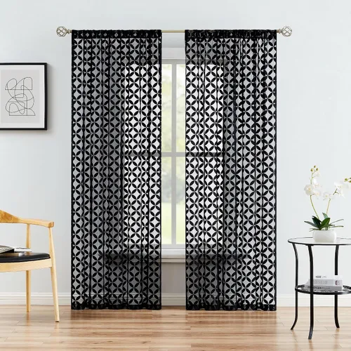 Miniatura 11 de Purainbow Paneles de Cortinas Transparentes de Encaje Floral para Ventana de 54 Pulgadas de Largo, Cortinas Transparentes de Gasa Geométrica