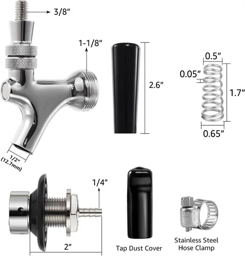 Miniatura 2 de Grifo de cerveza con vástago de 1-1/2 pulgadas, vástago de pezón de 1/4 pulgadas, kit de grifo de cierre automático, núcleo inoxidable chapado a