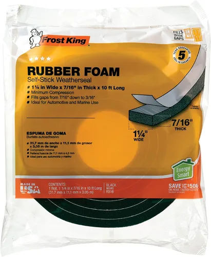 Frost King R516H - Cinta de espuma de goma de esponja de 1-1/4 pulgadas por 7/16 pulgadas por 10 pies de grosor, color negro