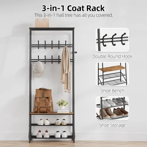 Miniatura 3 de Amyove Perchero para zapatos con 10 ganchos, banco de entrada con almacenamiento, organizador multifuncional para pasillo, muebles decorativos