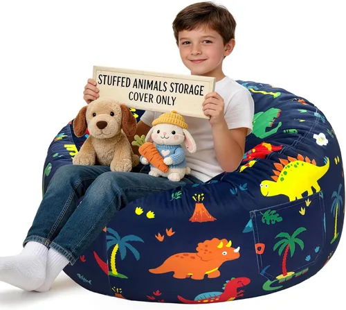 Miniatura 26 de Lukeight - Puf de almacenamiento de animales de peluche para niños, funda para puf de dinosaurio con cremallera para organizar la habitación