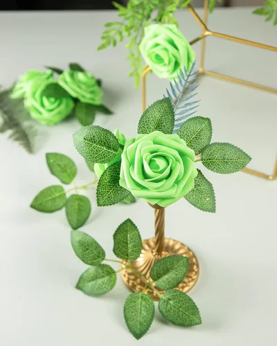 Miniatura 5 de DuHouse 25 rosas artificiales con tallos, flores de espuma de tacto real para bricolaje, ramo de boda, fiesta, centro de mesa, arreglo floral, Verde