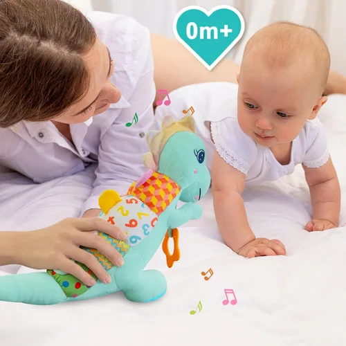 Miniatura 5 de Juguetes de dinosaurio para bebé de peluche suave para 0-3-6-12+ meses, juguete musical para bebé con sonajero, chirrido, crujido sensorial, Azul