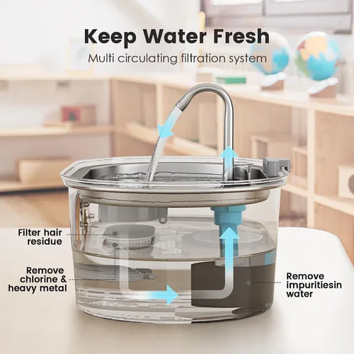 Miniatura 3 de Fuente de agua para gatos de acero inoxidable, dispensador automático de agua para mascotas de 108 oz/3.2 L con ventana de nivel de agua, bomba