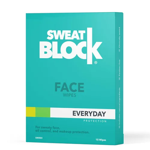 SweatBlock Toallitas faciales antitranspirantes para hombres y mujeres, 15 unidades, ayudan a controlar la piel grasa, reducir el brillo y la