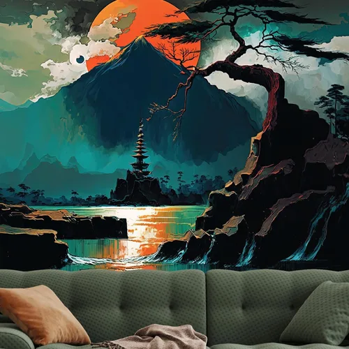 Miniatura 4 de FENDROM Naturaleza Paisaje Montaña Puesta de Sol Bosque Tapiz Árboles Anime Nube Niebla Lago Colgante de Pared Telón Estético Telón