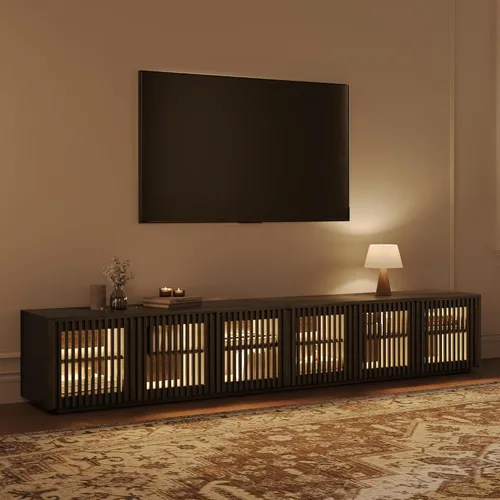Miniatura 12 de POVISON Soporte de TV Moderno de Mediados de Siglo Completamente Ensamblado, Consola Multimedia de Listones de Madera de 59.06" para TV de 55