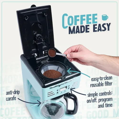 Miniatura 4 de Nostalgia Cafetera programable retro de 12 tazas con pantalla LED, apagado automático y mantiene el calor, función de pausa y servicio, aguamarina
