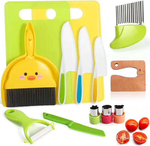 14 piezas de juego de cuchillos de cocina seguros de juguete Montessori para niños pequeños, juego de cuchillos para niños para cocina real con