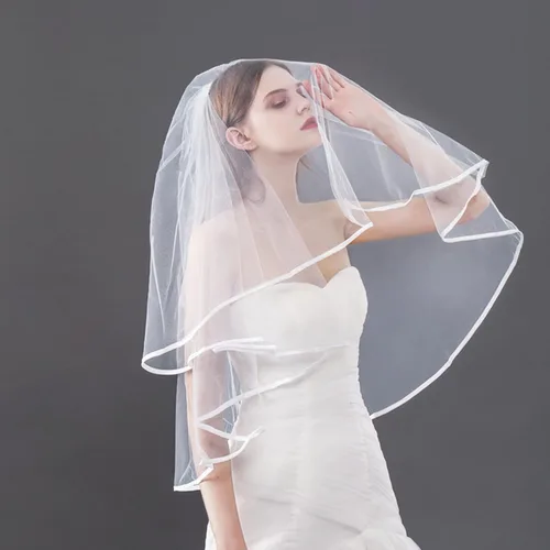 Miniatura 4 de auwiyd Velo de novia corto velo de boda con borde de satén con peine para mujeres y niñas, velo de borde de cinta de 2 niveles para boda, despedida
