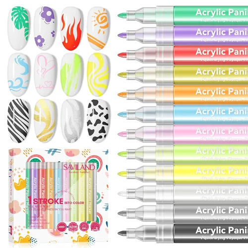 Saviland Juego de bolígrafos de arte de uñas de 12 colores, bolígrafos de esmalte de uñas 3D, bolígrafos de pintura acrílica, marcadores de uñas