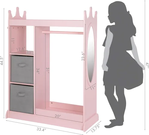 Miniatura 3 de UTEX Armario guardarropa para niños con espejo y contenedor de almacenamiento, rosa, 33.4 pulgadas de ancho x 15.75 pulgadas de profundidad x 44.5