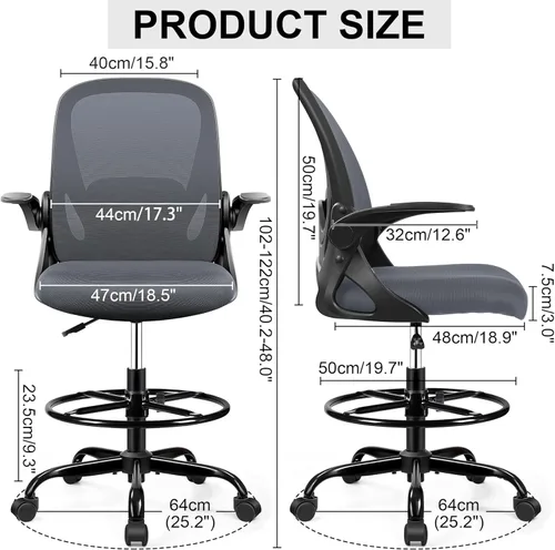 Miniatura 2 de Silla de dibujo alta de oficina con reposabrazos abatibles, altura ajustable, soporte lumbar mejorado, taburete ergonómico con ruedas, soporte