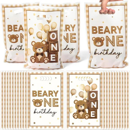 Bolsa de Regalo para Primera Fiesta de Cumpleaños Oso 50Pcs Bolsas de Dulces y Regalos con Oso Marrón Dulces y Golosinas para Fiesta Temática Oso de