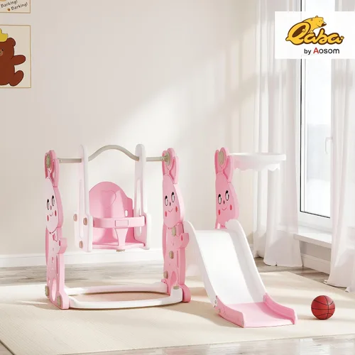 Miniatura 2 de Qaba Juego de tobogán y columpio 4 en 1 para niños de 1.5 a 4 años, parque infantil con temática de conejo con escalador, aro de canasta, para patio