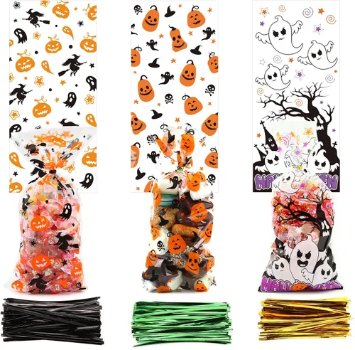 LOMIMOS 150 bolsas de dulces de celofán de Halloween, bolsas de plástico transparente con 300 lazos giratorios para aperitivos, galletas,