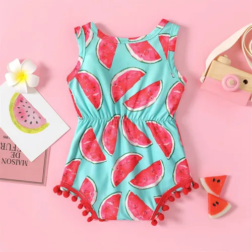 Miniatura 2 de PATPAT Mameluco floral sin mangas con borlas y pompón para bebé, conjunto con diadema de 0 a 18 meses