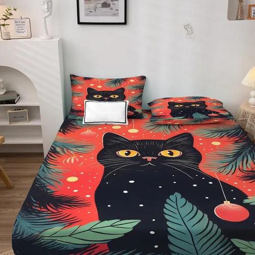 Miniatura 3 de Juego de sábanas de Navidad con diseño de gato tamaño individual, sábanas de microfibra suave y bolsillo profundo, sábanas y fundas de almohada