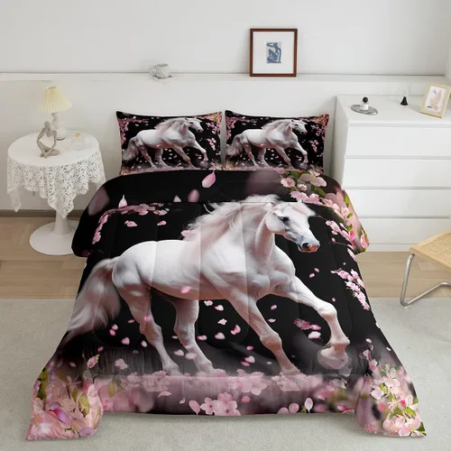 Miniatura 14 de Feelyou Juego de edredón tamaño individual con diseño de caballo y cerezo en flor de galope para niños, adolescentes, edredón occidental, decoración
