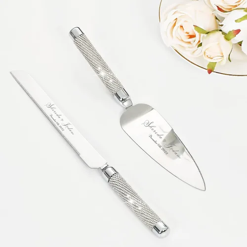 Miniatura 12 de Juego de cuchillo y servidor para pastel de boda, juego de corte de pastel personalizado, elegantes cortadores de pasteles grabados con diamantes