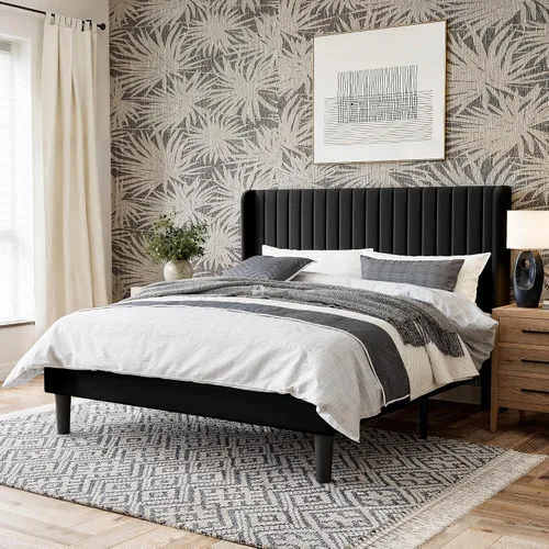 Miniatura 14 de GOLDORO Base de cama tapizada de tamaño matrimonial con cabecera de ala capitonada de canal vertical, soporte de listones de madera, no necesita