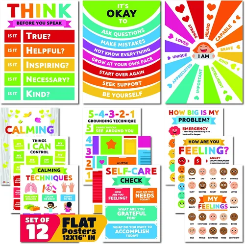 Sproutbrite Paquete de 12 pósteres de esquina calmantes de 12 x 16 pulgadas para decoración de aula, carteles educativos para escuela primaria,