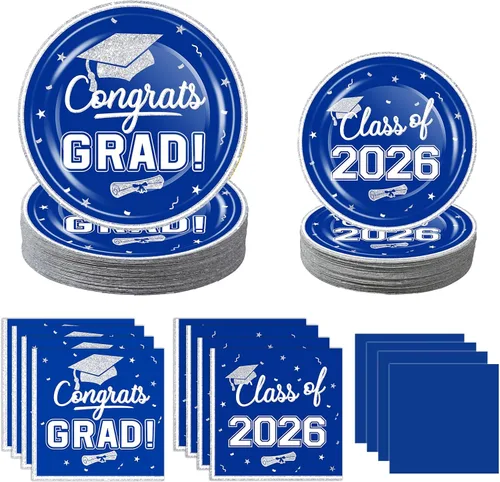 OuMuaMua suministros de vajilla para fiesta de graduación 2026 - 200 piezas, platos y servilletas desechables azules y blancas para la decoración de