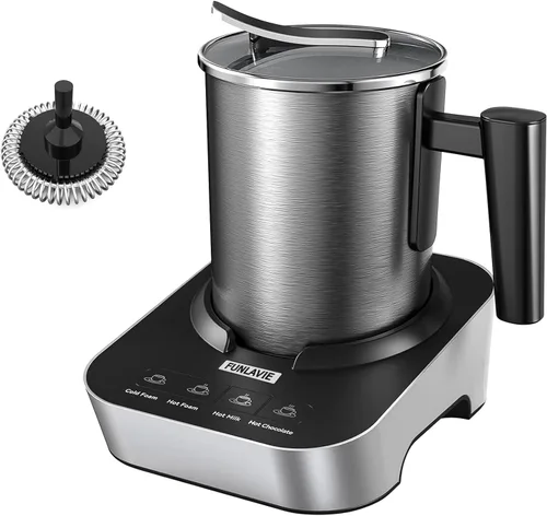 Espumador de leche eléctrico 4 en 1 y vaporizador, jarra de acero inoxidable de 13.5 onzas con apagado automático, máquina de espuma fría y caliente