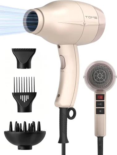 TOME Secador de pelo, secador de pelo rizado iónico Cool Shot con difusor, secado rápido de 1875 W con tecnología de cerámica, 3 accesorios para