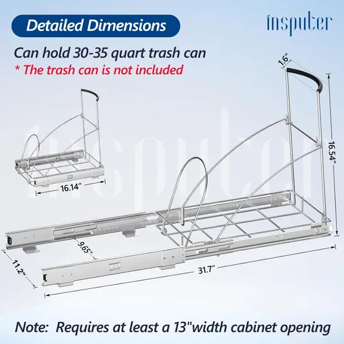 Miniatura 4 de Insputer Bote de basura extraíble debajo del gabinete, requiere gabinete de 13 pulgadas de ancho x 18 pulgadas de profundidad, kit de cubo de basura