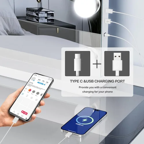 Miniatura 5 de Gvnkvn Espejo de Tocador con Luces, 22.8Wx18.2L Espejo de Maquillaje de Mesa Estilo Hollywood con USB y Carga Tipo-C, Espejo Iluminado de Hollywood