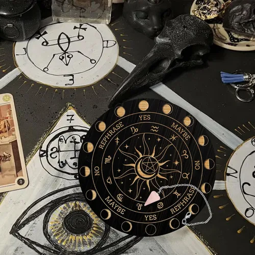 Miniatura 7 de AHANDMAKER Juego de tablero de péndulo, tablero de adivinación de madera para radiestesia, tablero de mensajes metafísicos con collar de péndulo