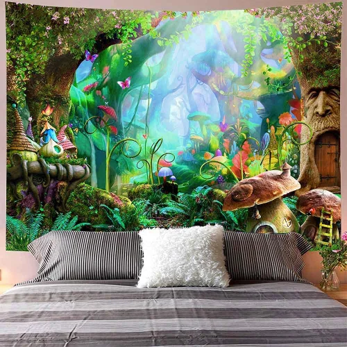 Miniatura 6 de Aidatain Tapiz de bosque de cuento de hadas, para colgar en la pared, diseño de hongos, de franela, grande, 80 x 60 pulgadas, tapices de paisaje