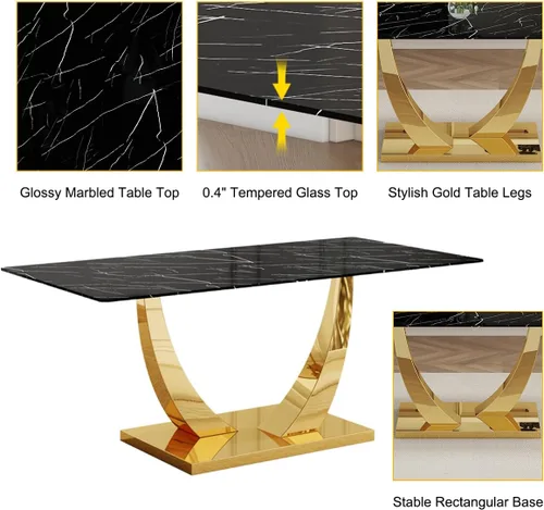 Miniatura 4 de Juego de Mesa de Comedor Negra para 6, Mesa de Comedor de Mármol Falso de 71" para 6, Juego de Mesa de Cocina Rectangular con Sillas de Cuero PU