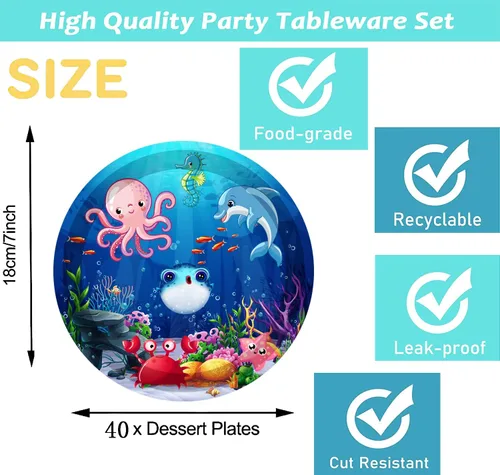 Miniatura 2 de 40 piezas de suministros para fiesta de cumpleaños bajo el mar, platos de papel para fiesta de vida marina oceánica, platos de postre de animales