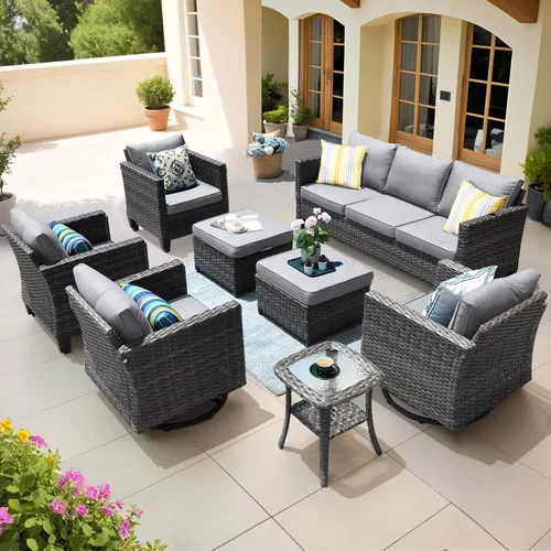 Miniatura 11 de ovios Juego de muebles de patio de 8 piezas, sofá de mimbre para exteriores con sillas giratorias, mecedora con cojines cómodos, juego de Beige