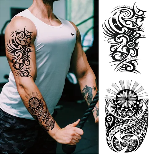 Miniatura 2 de Tótem tribal temporal para hombres, tatuaje falso polinesio de tortuga hawaiana negra grande para hombres adultos, de larga duración, realista