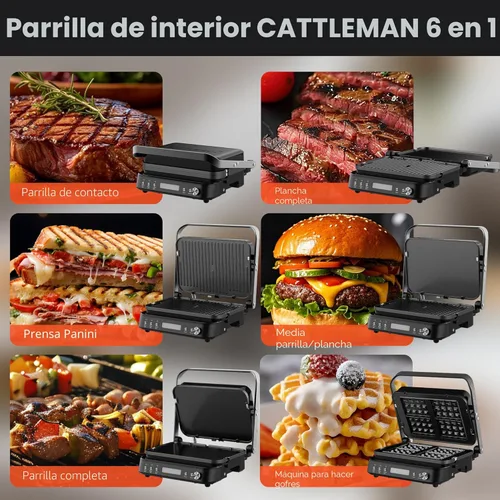 Miniatura 6 de CATTLEMAN Plancha para Parrilla Panini Sandwichera con Placas Extraíbles, 1600W, Waflera 6 en 1 y Parrilla Eléctrica para Interiores con Termómetro