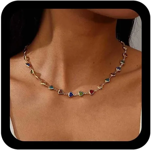 Collar de corazón con piedras preciosas de arco iris bohemio, gargantilla de cristal colorido, collar de cuentas de corazón múltiple, collares de