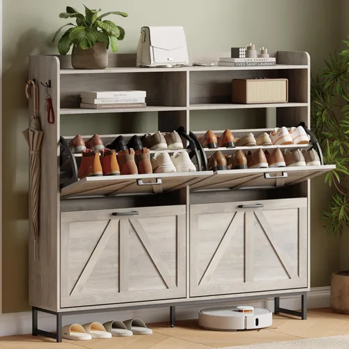 Miniatura 14 de Gabinete para Zapatos con 2 Cajones Abatibles, Organizador Independiente Oculto para Almacenamiento de Zapatos para Entrada, Gabinete Estrecho